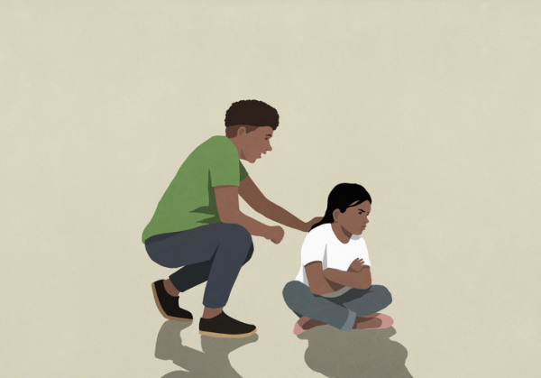 Illustration of father in green shirt, dark pants kneeling next to upset daughter seated on floor, arms & legs crossed